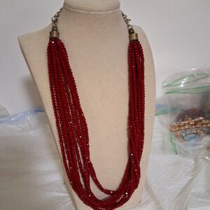 Red Glass Seed Bead Women's Necklace Multi-Strand Chunky Elegant Luxurious